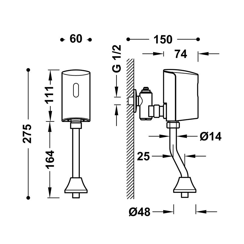Tres Elektronisk Vægmonteret Urinalventil 1/2" – Infrarød Sensor (Batteri)