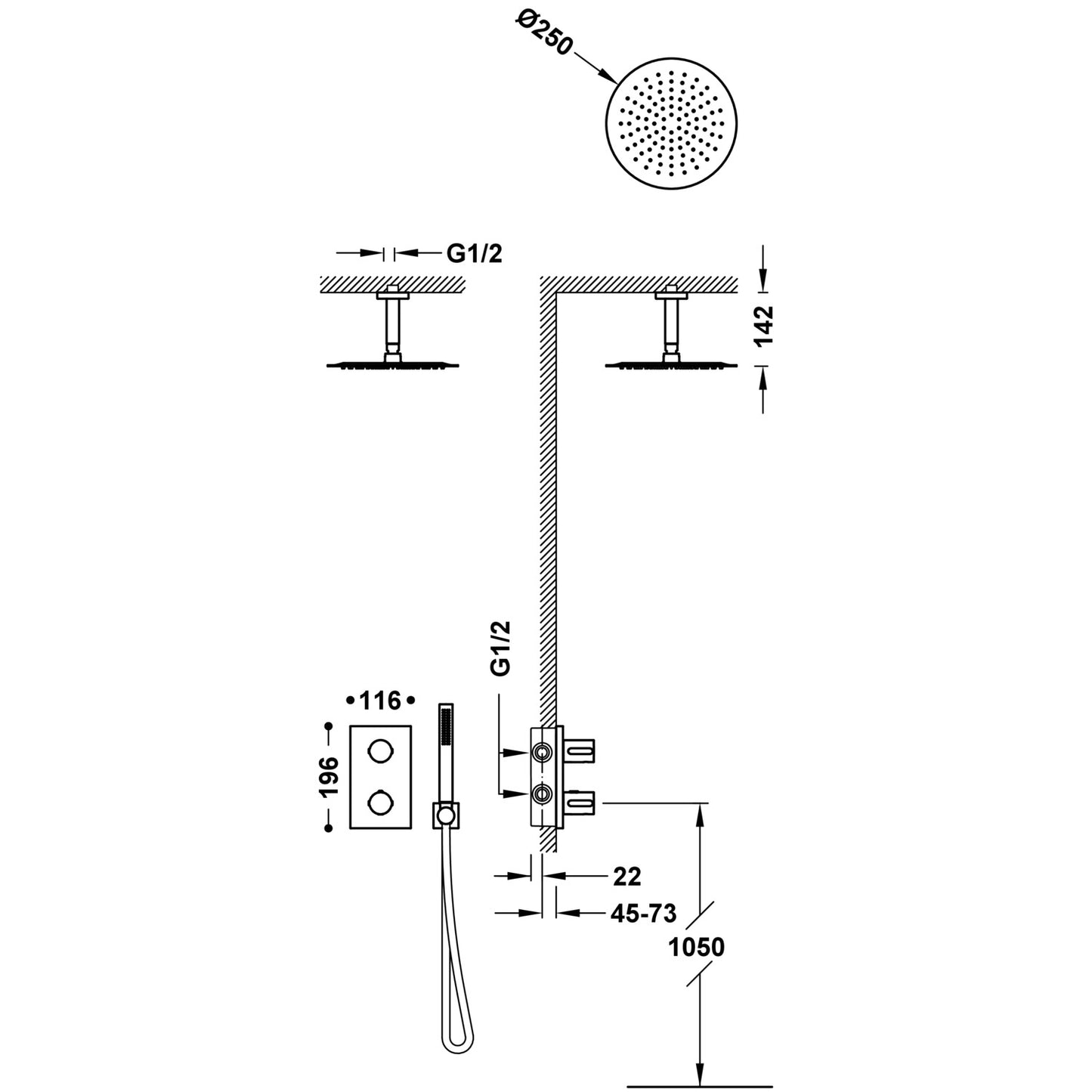 Termostat indbygnings brusesystem i krom