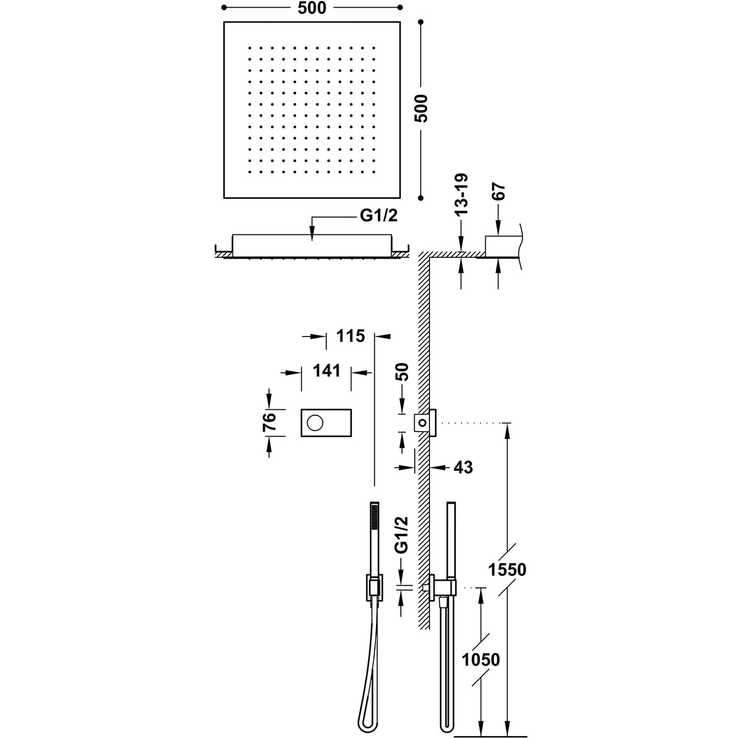 Elektronisk brusesystem med 500x500 loftbruser - flere farver