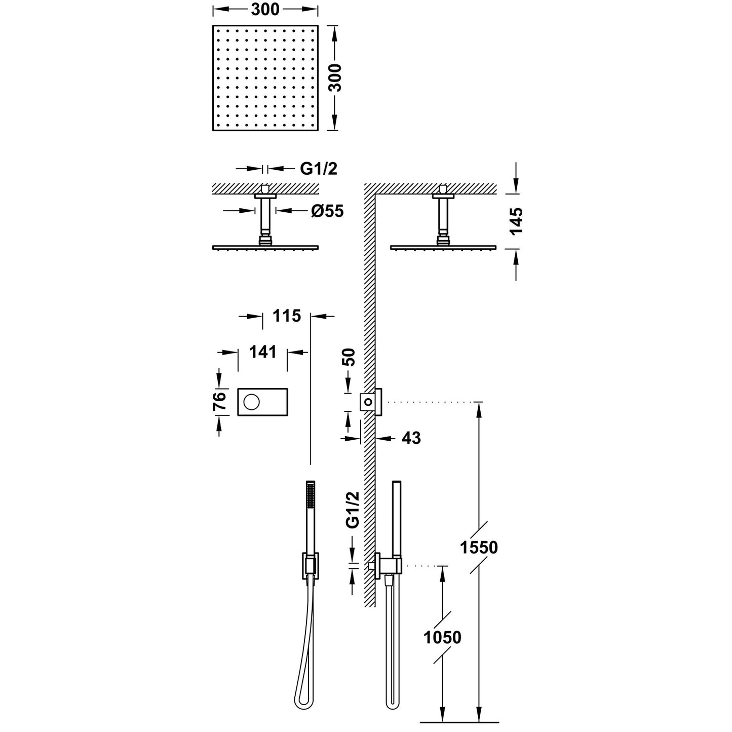 Elektronisk brusesystem med lodret 300x300 hovedbruser - flere farver
