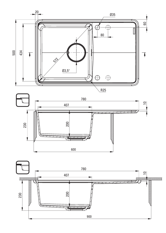 Momi Granit køkkenvask med bakke 78x50cm - Flere farver