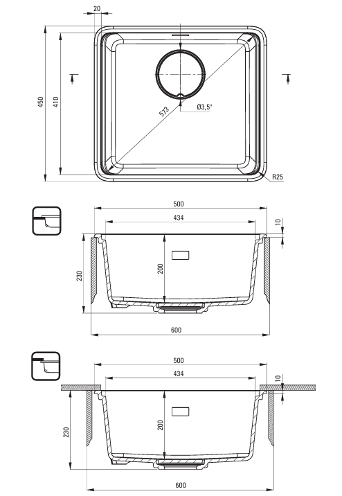 Momi Granit Køkkenvask 50x45cm - Flere farver