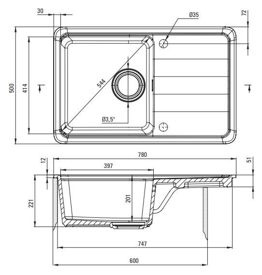 Momi Keramisk Køkkenvask kumme med bakke 78x50cm