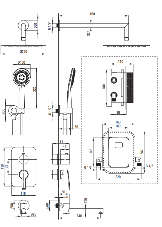 Arnika Brusesystem med kartud, hoved og håndbruser - Flere farver