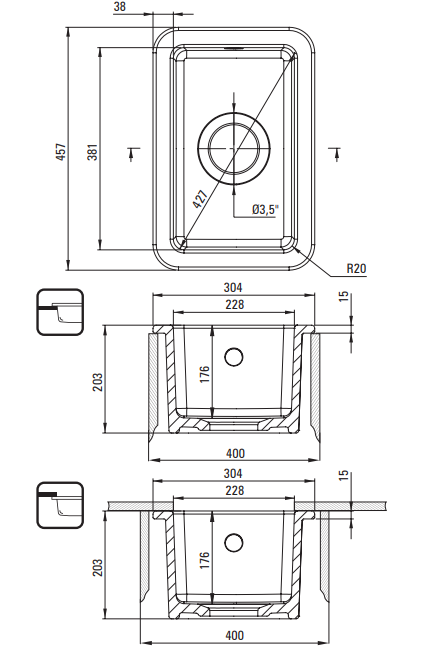 Lumi Keramisk Køkkenvask 304*457mm