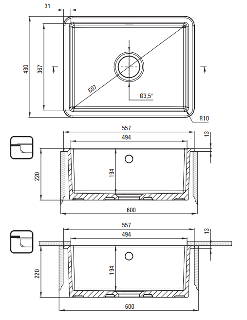Lumi Keramisk Køkkenvask 557*430mm