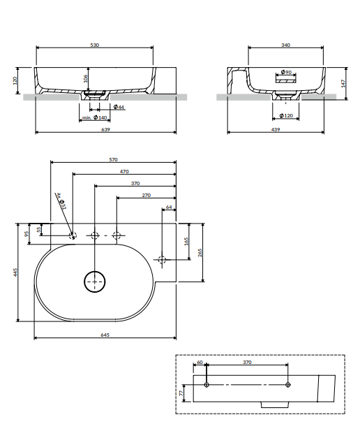 Ovo M+ Håndvask 64x44 cm Højre | Top- & væghængt design - Flere farver