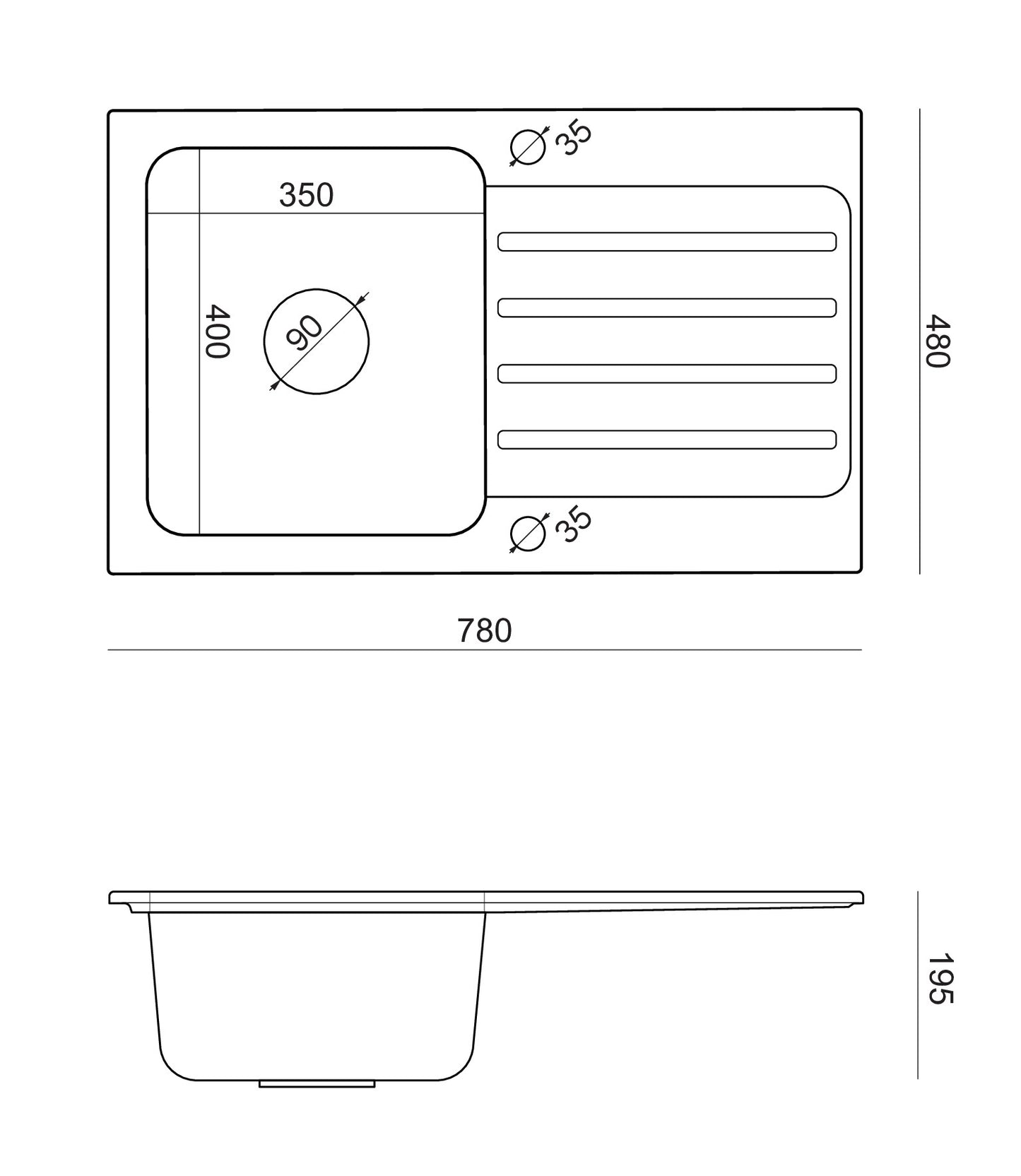 Køkkenvask Kenneth 111 Fusion GraniteQ med et stålkammer (780x480x190) med en manuel sifon