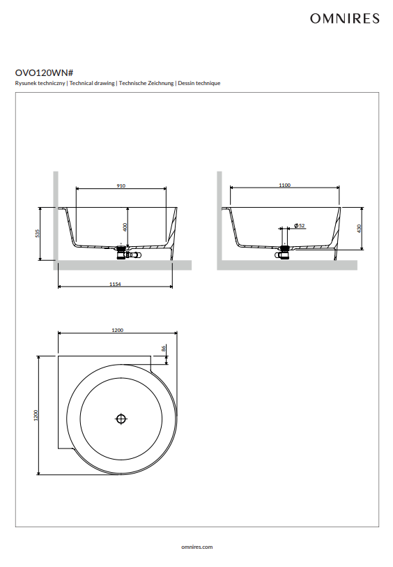 Omnires Ovo M+ Hjørnebadekar 120x120 cm – 8 Farver