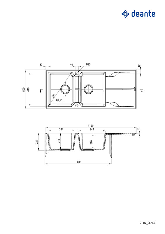 Andante Granitvask dobbelt 1160x500mm - Flere farver