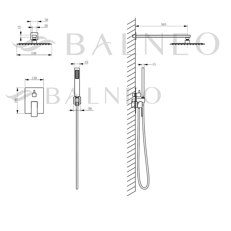 Balneo Cascade 3 Indbygningsbruser | Kvadratisk Design i 7 Farver