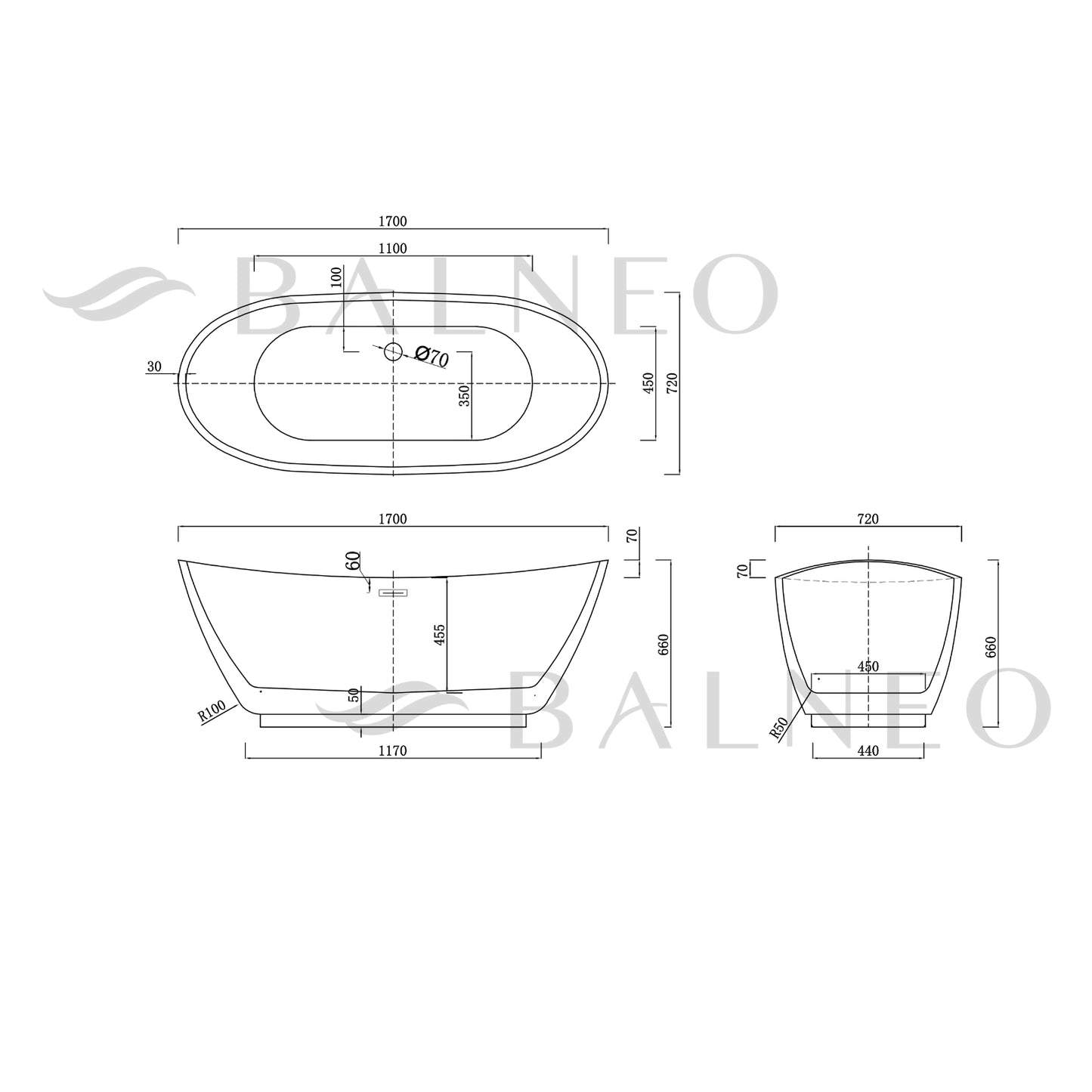 Balneo PARMA Fritstående Badekar | 170x72 cm | 6 Elegante Farver