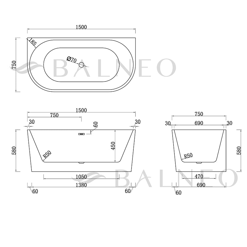 Balneo VIVA Back-to-Wall Badekar | 150x75 cm | 6 Afløbsfarver